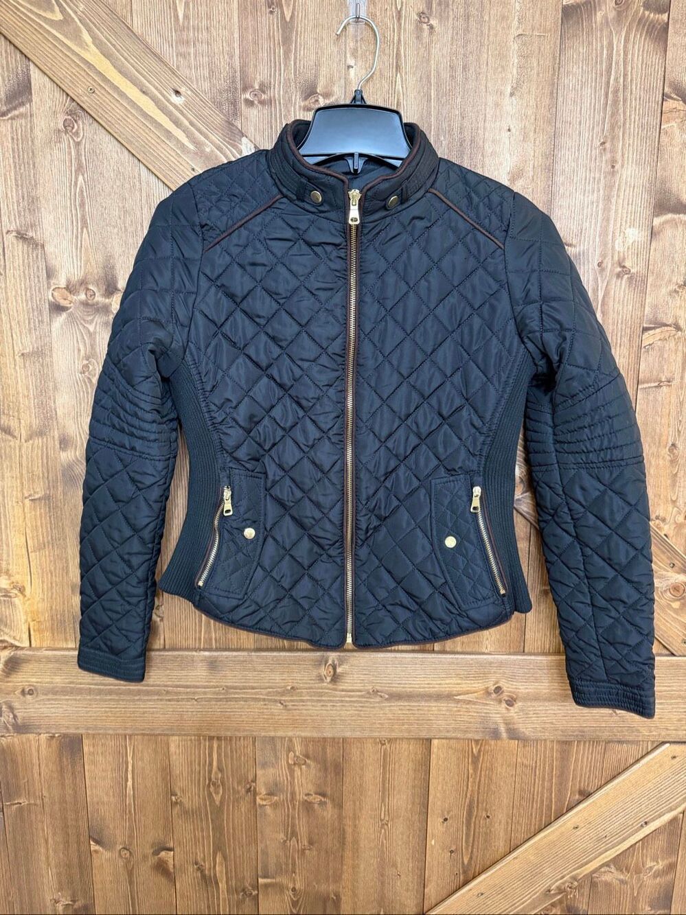 Love Tree Womens Black Quilted Moto Jacket Gold Zip Brown Trim Size Small (9420)